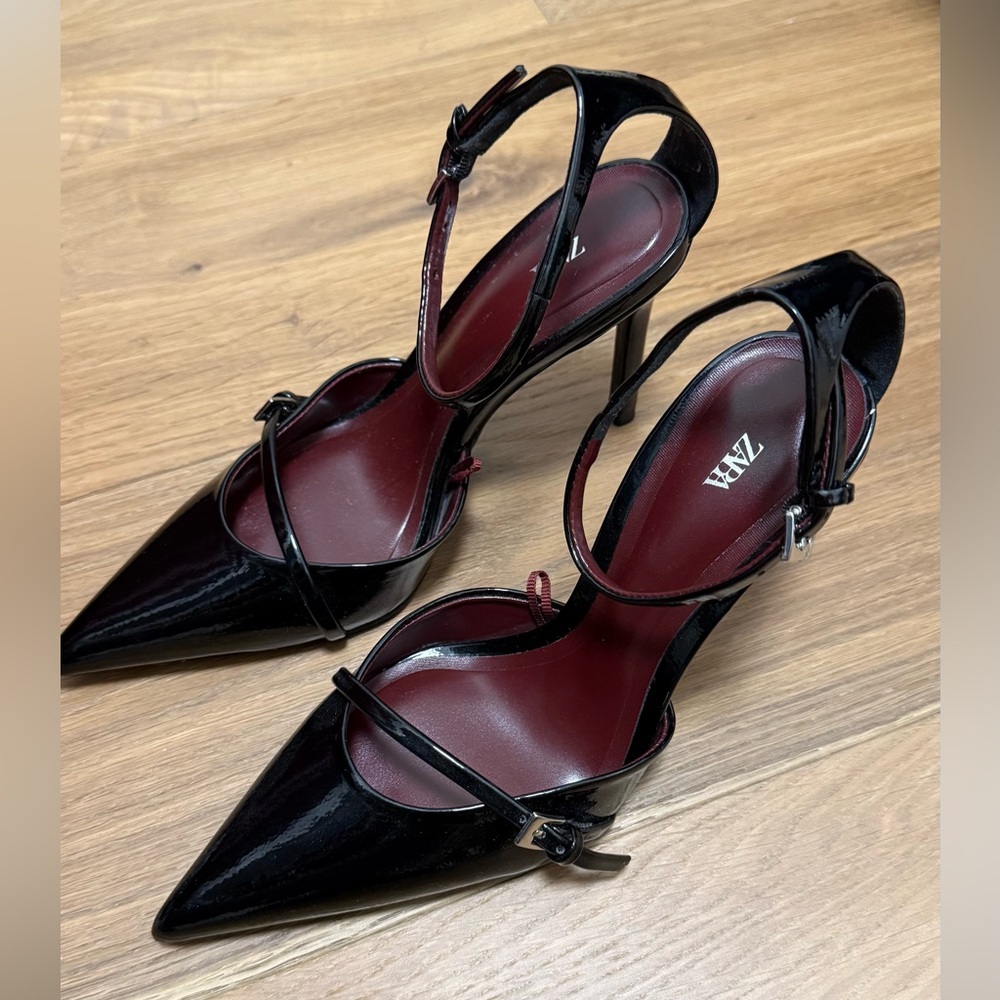 Zara Shiny Black Buckle Heels